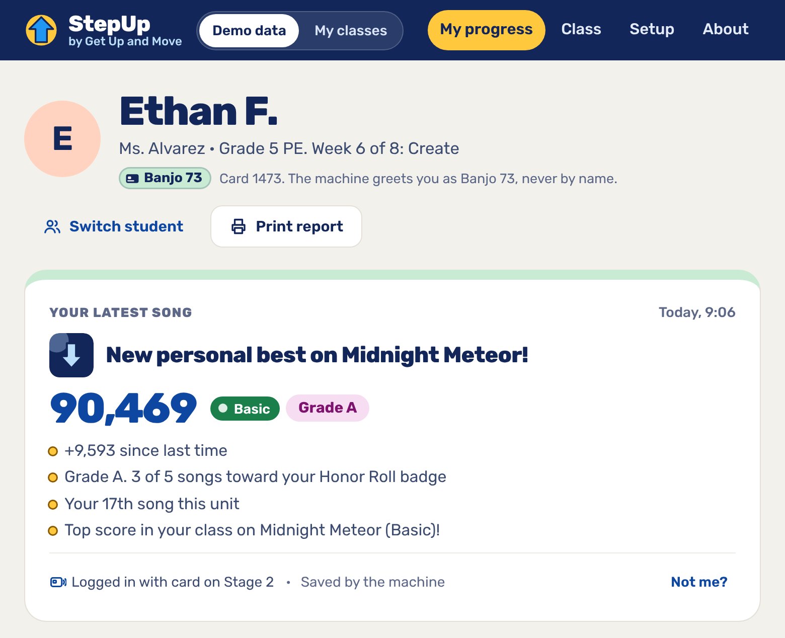 StepUp demo: a student’s progress page with their latest song, a new personal best of 90,469, saved after logging in with a card on Stage 2